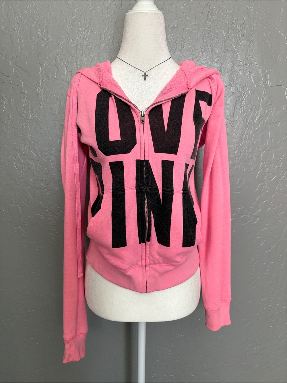 PINK Victoria's Secret Hot Pink Zip-Up Hoodie with Black Block Logo